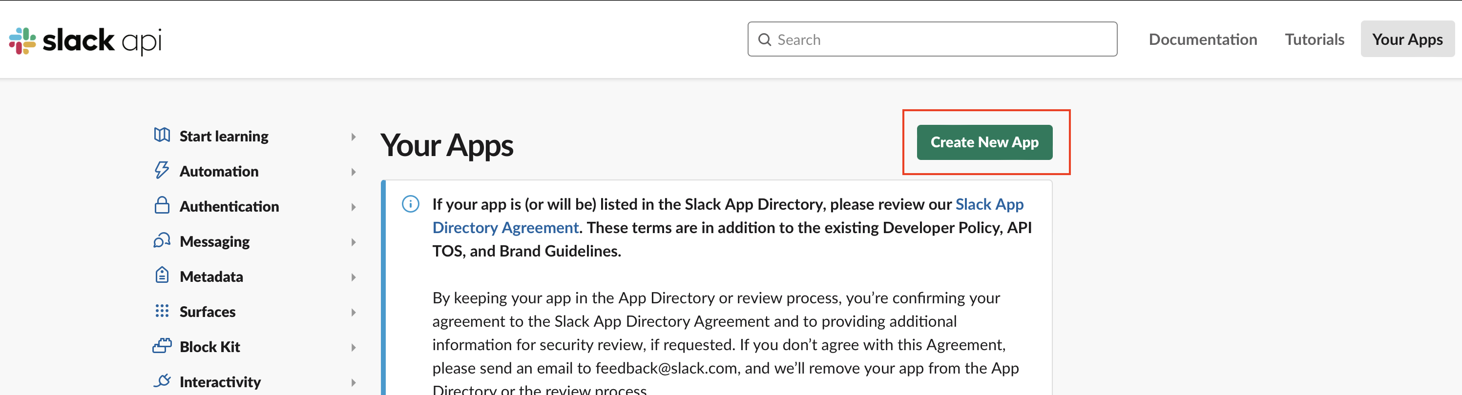 Slack create new app