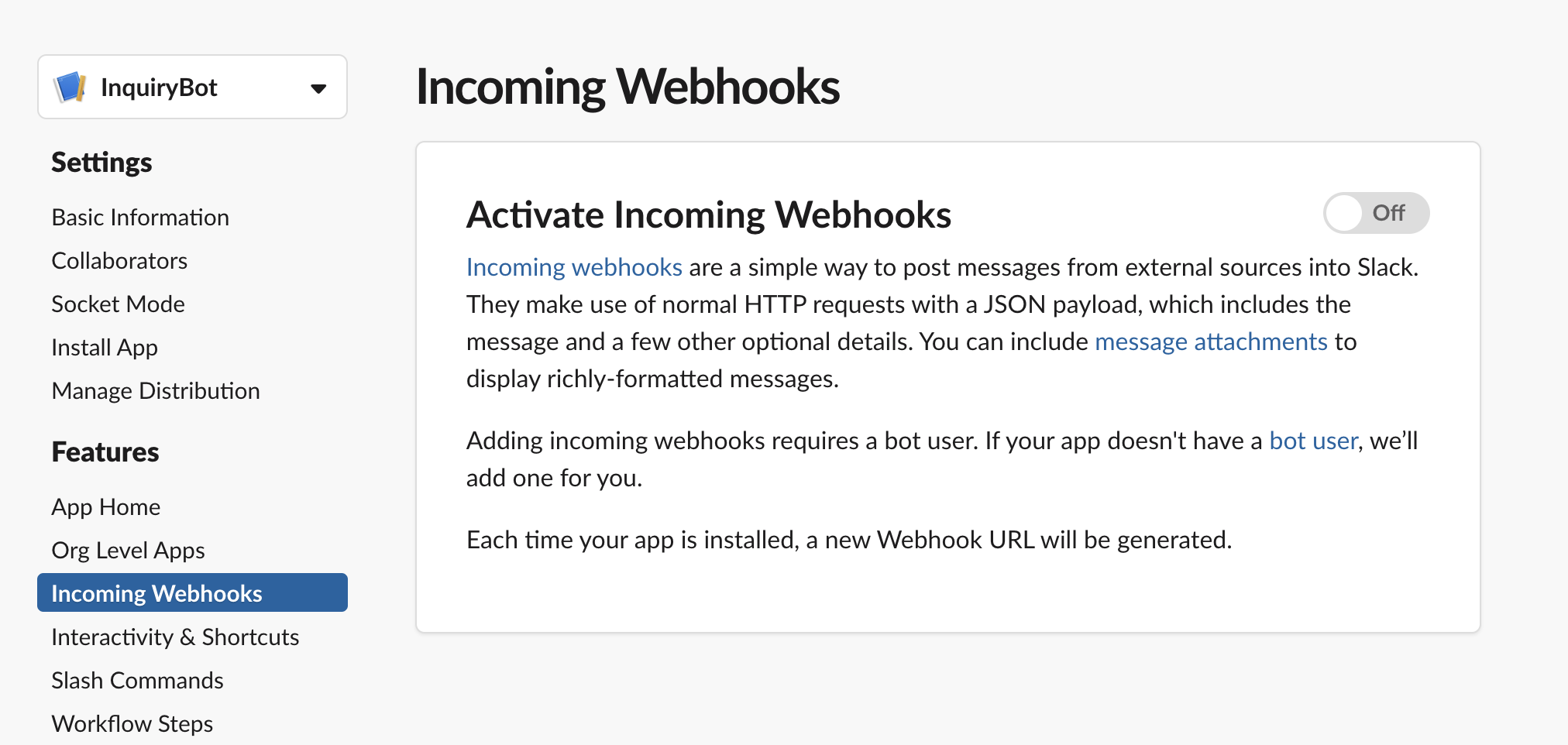 enable slack incoming webhook