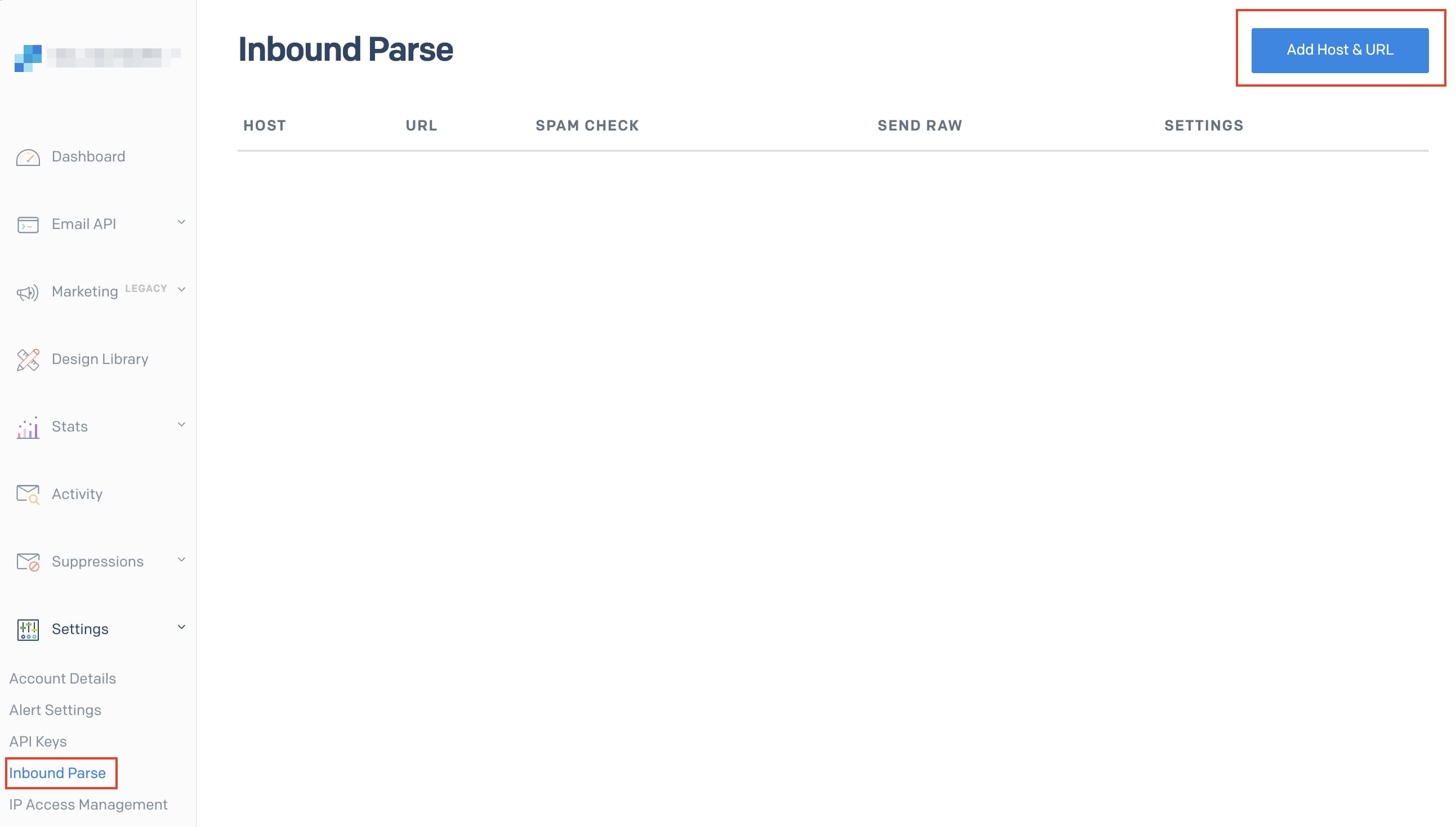 SendGridのInbound Parseの設定画面