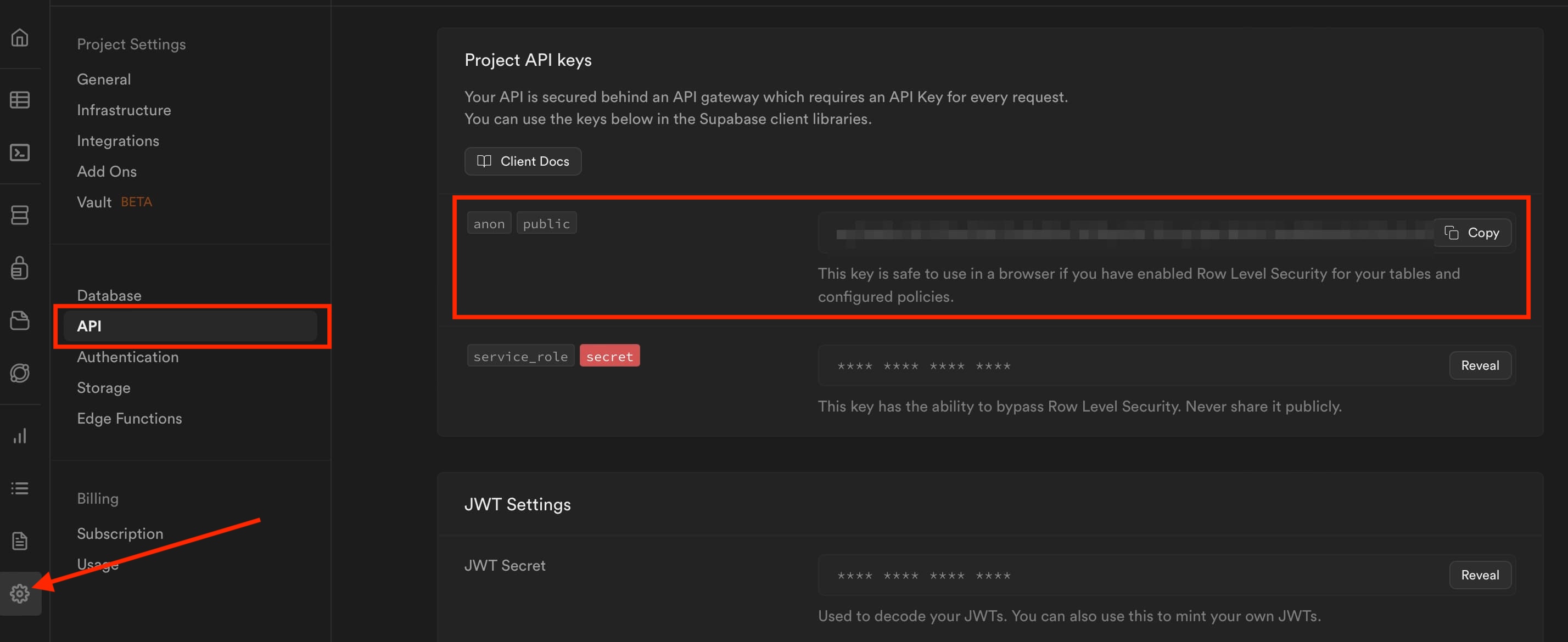 Supabaseのプロジェクトの設定画面のProject API keysのanon publicキー