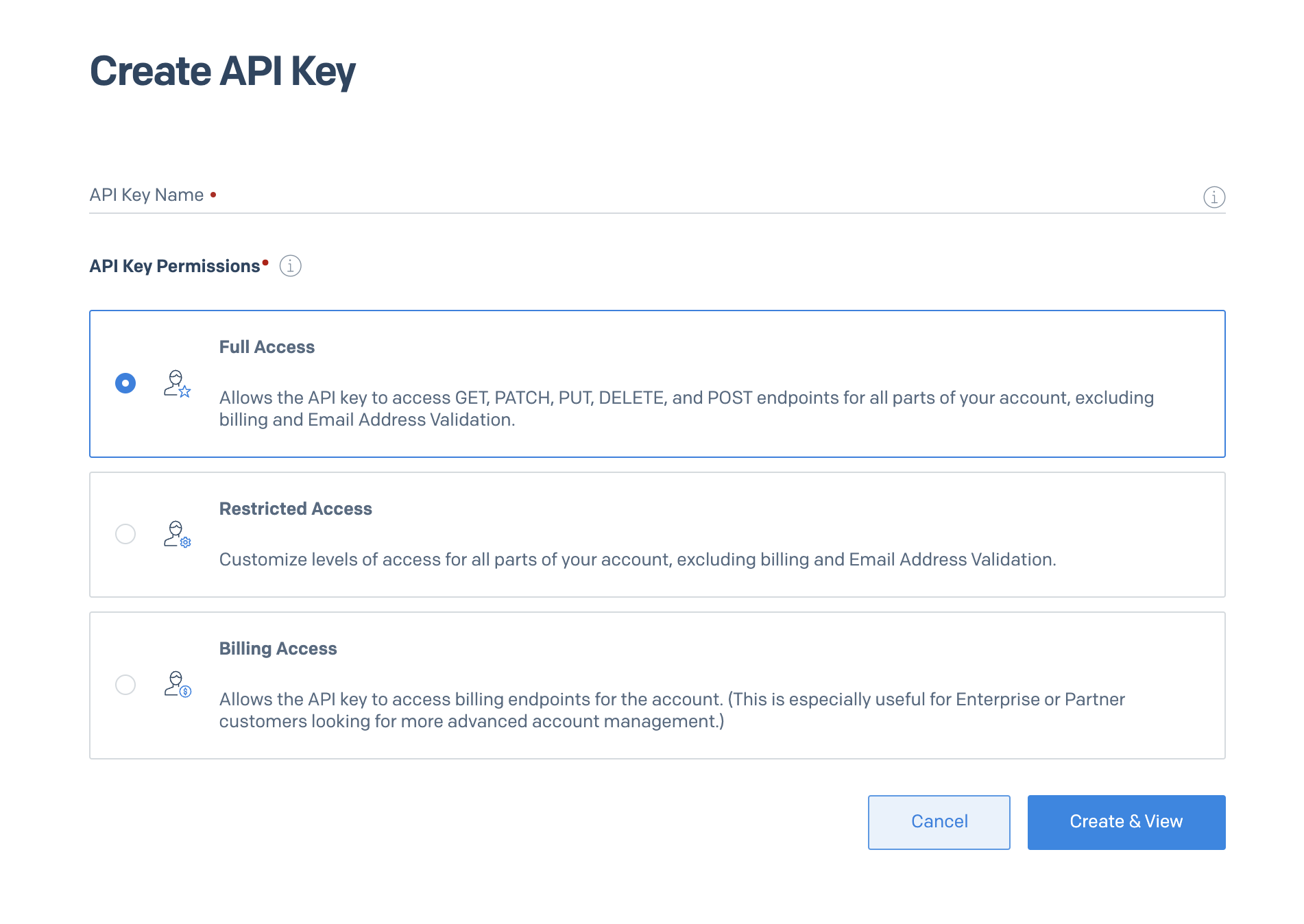 SendGridのAPI KEYの権限設定画面