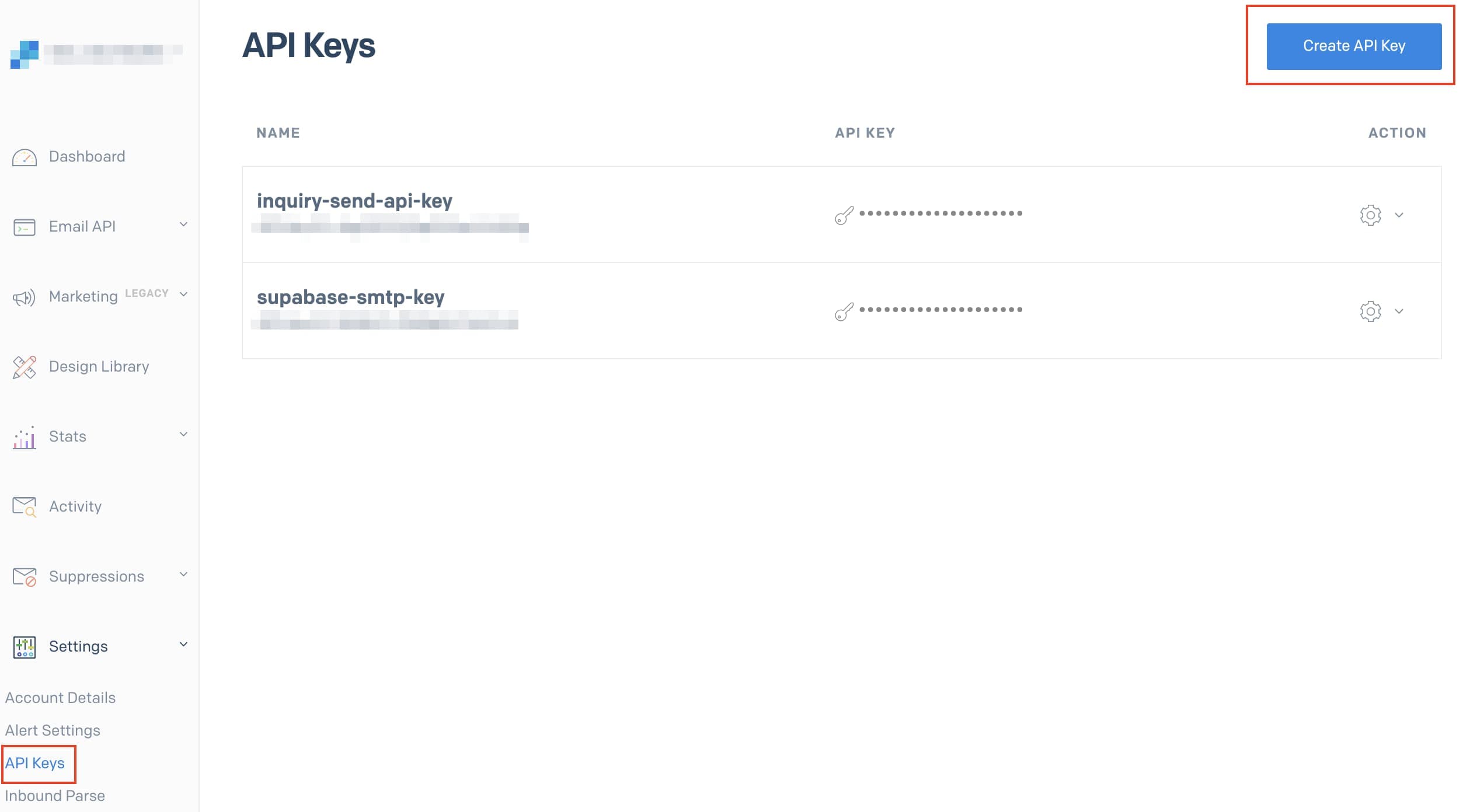 SendGridのAPI KEYの設定画面