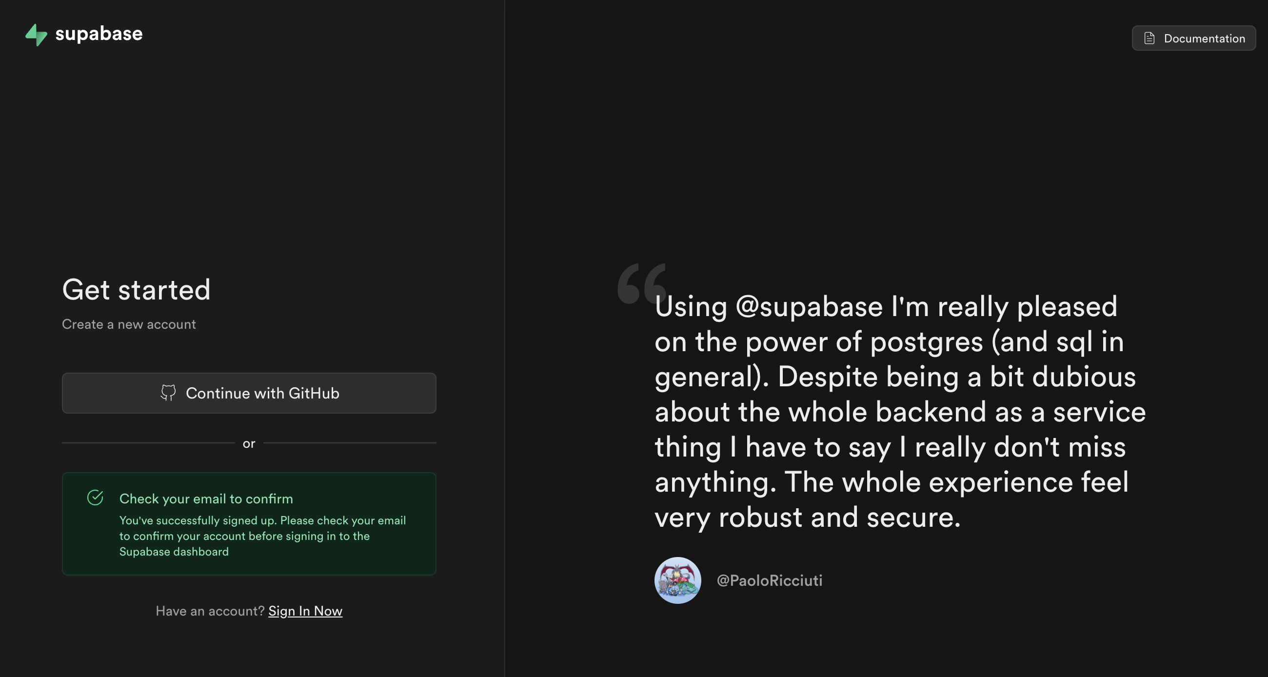 Supabaseのサインアップ画面でのメール確認メッセージ