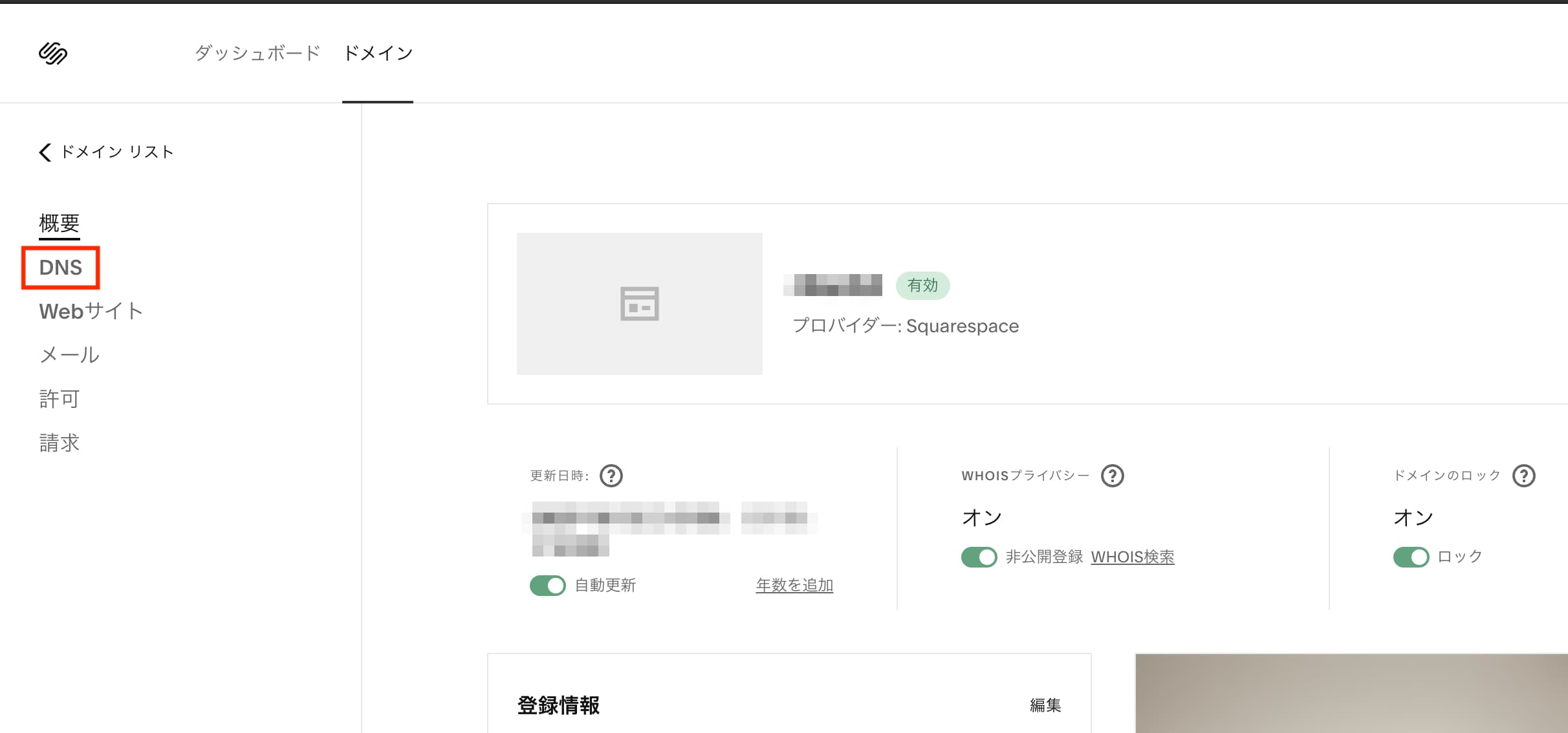 Squarespaceのドメインページ