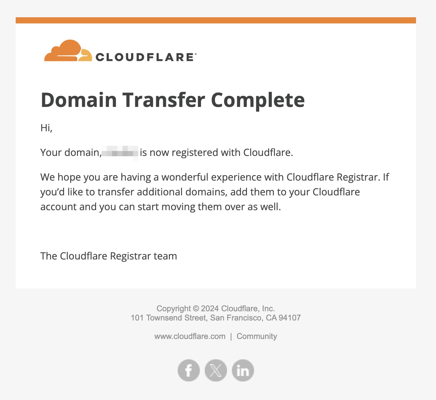 Cloudflareからの移管手続き完了メール