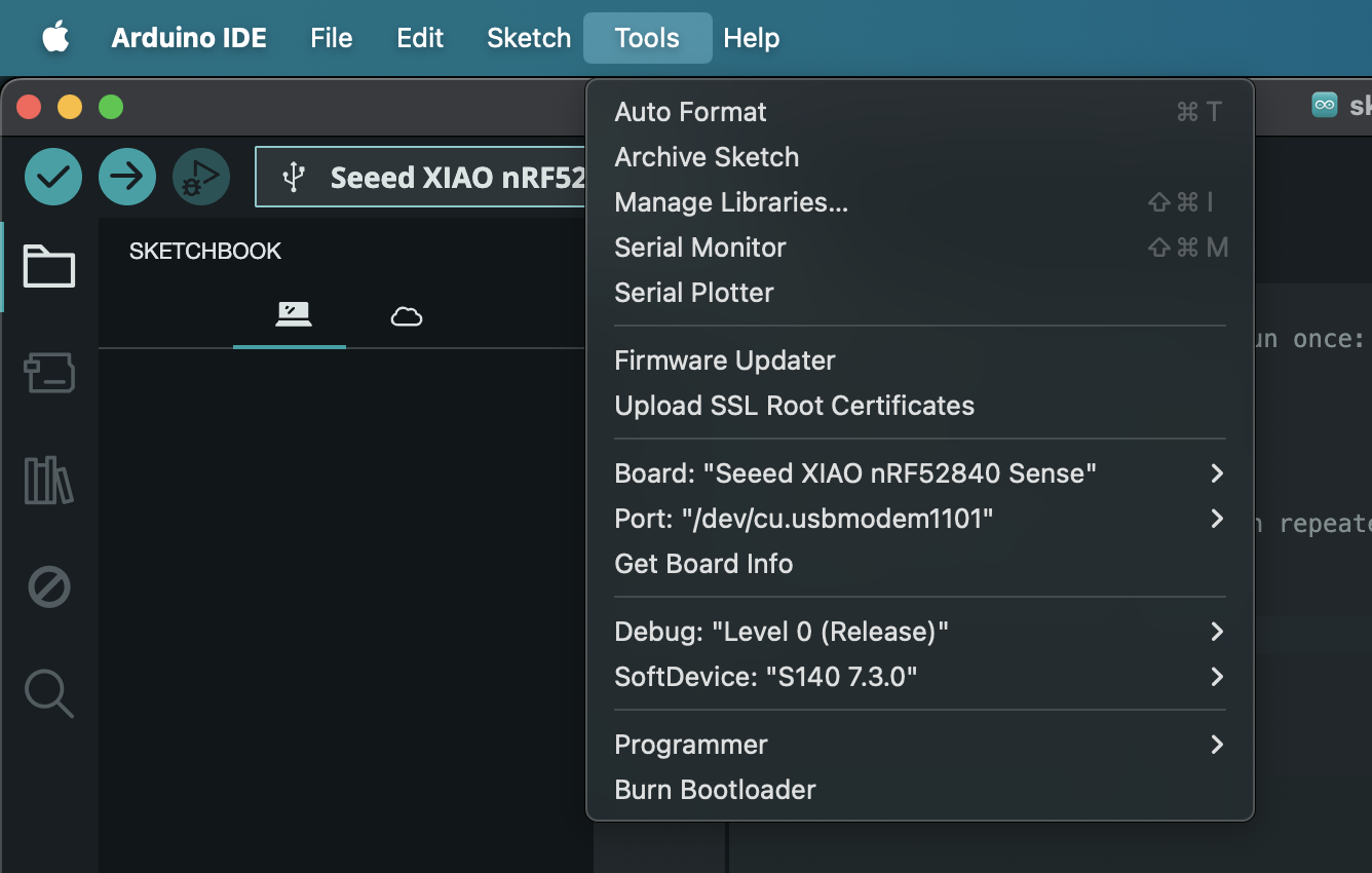 Seeed XIAO nRF52840を選択した状態